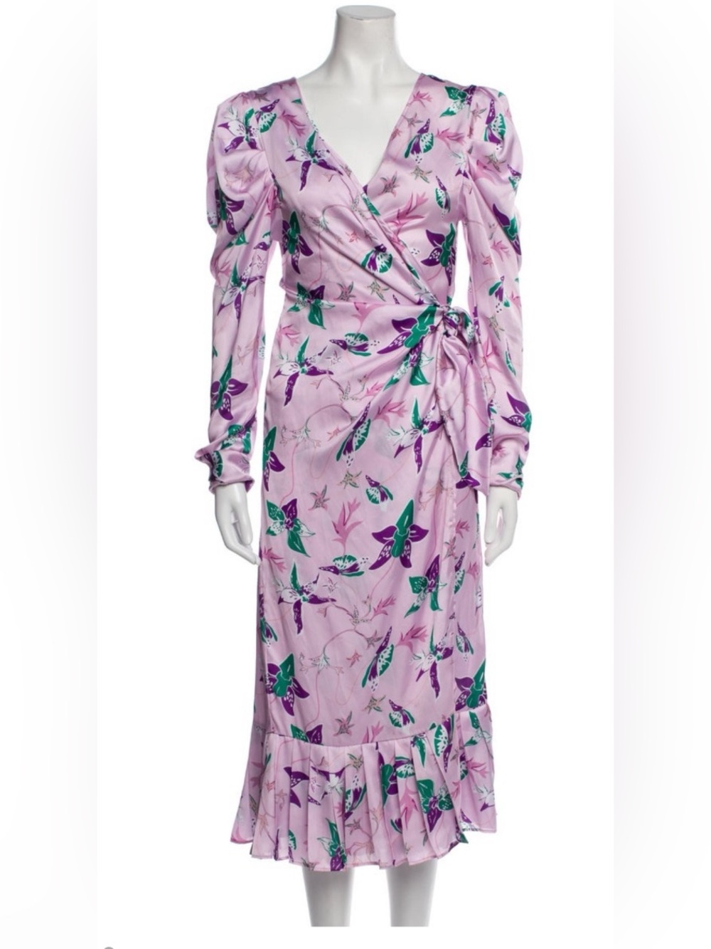 LoboRosa Lavender Floral Satin Wrap Dress Medium Pastel Spring Midi Feminine